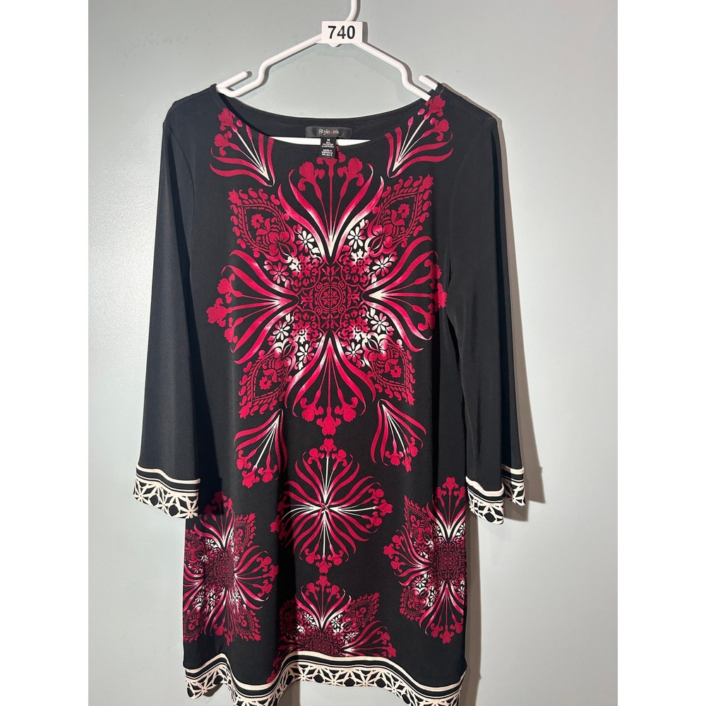 Style & Co Womens Medallion Print Shift Dress Black Pink 3/4 Sleeve Size M